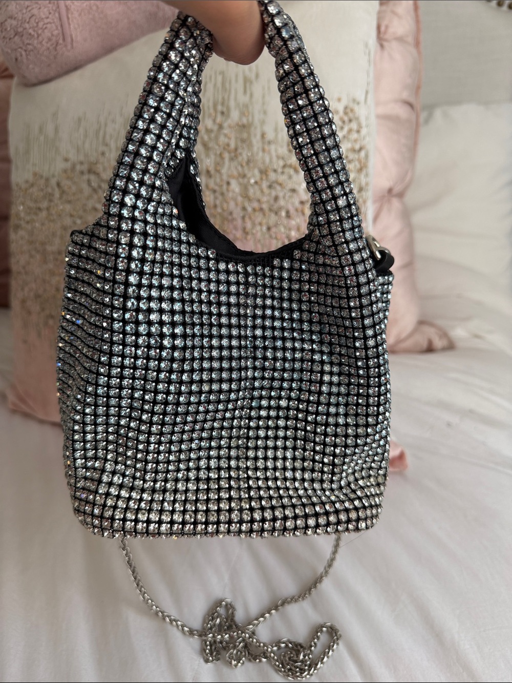 Elegant Blue Silver Crystal Mini Tote with Chain